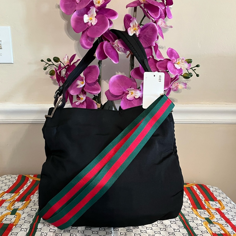 Black Tote Bag with Green and Red Strap